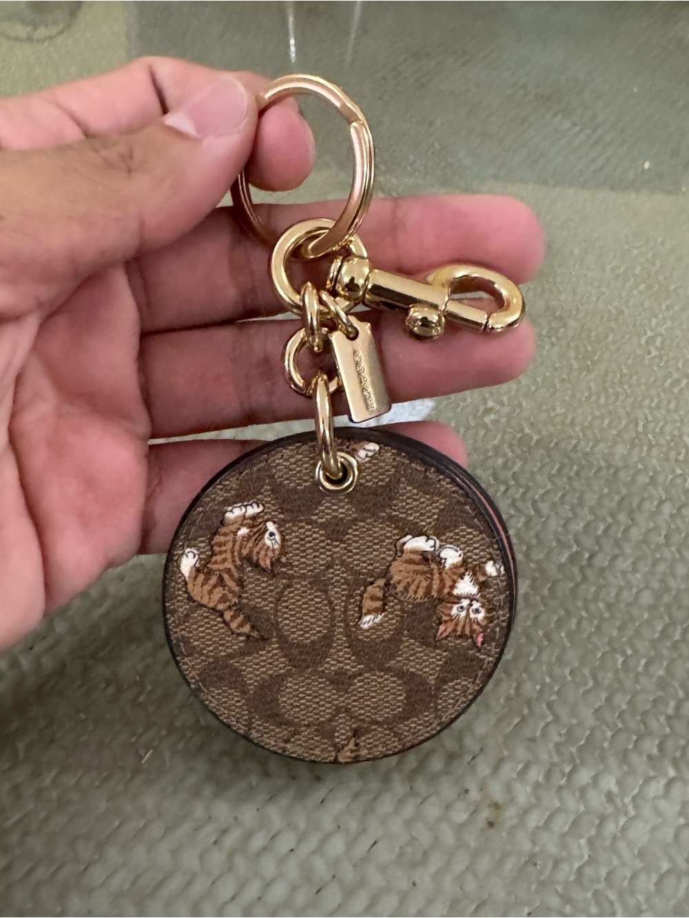 Coach Brown Signature Canvas Round Keychain with Gold Hardware